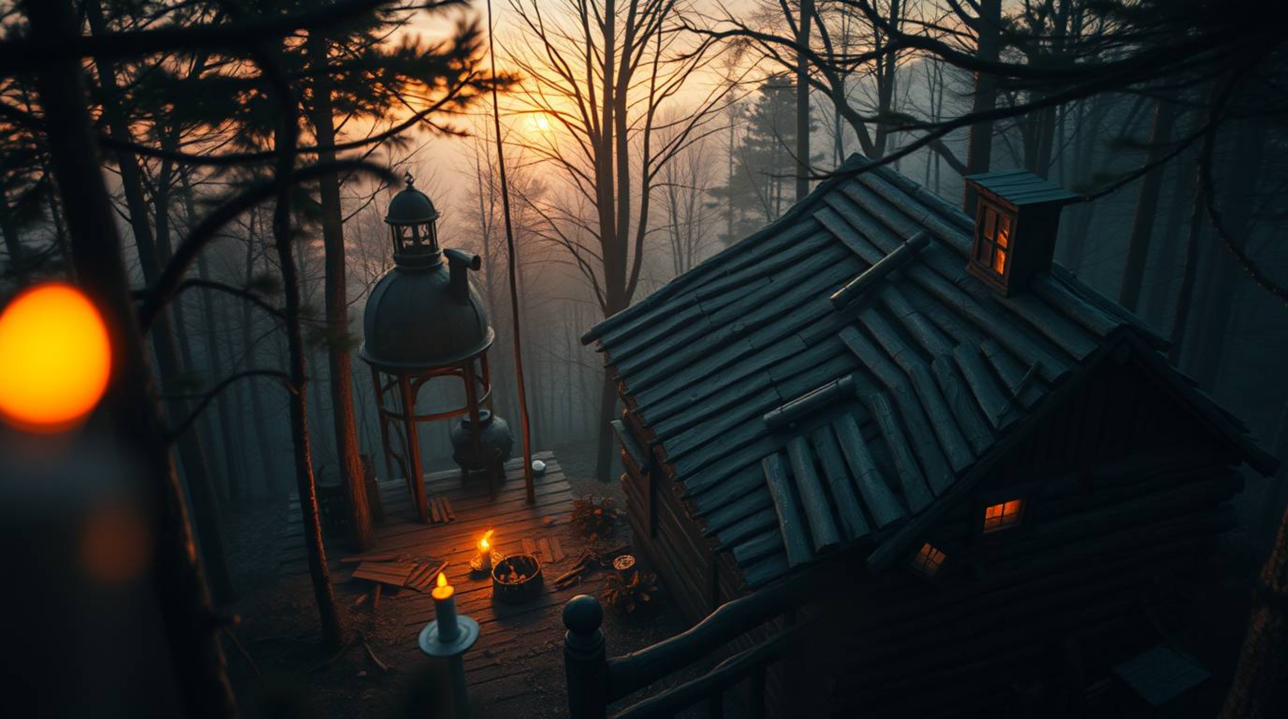 Experience a dreamlike escape with this high-angle image of an old wooden cabin nestled in a sunset woods. Featuring fantasti