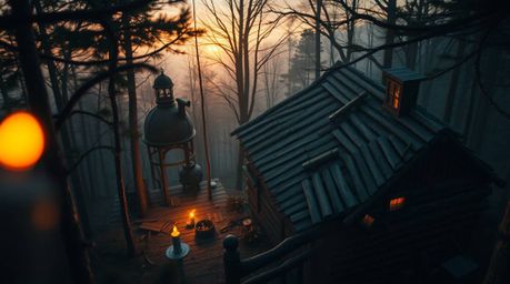 Experience a dreamlike escape with this high-angle image of an old wooden cabin nestled in a sunset woods. Featuring fantasti
