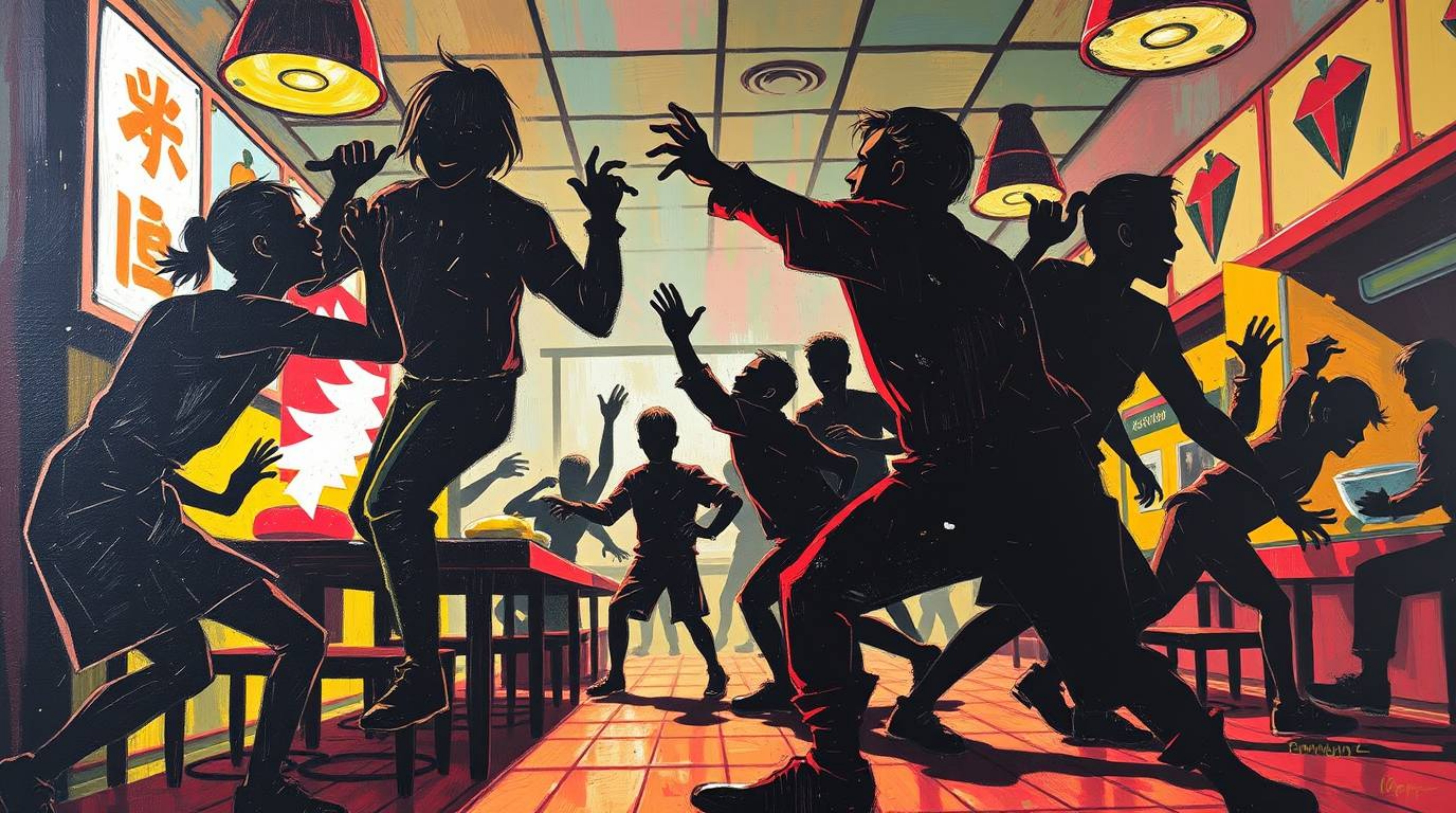 Experience the chaos of a wild food fight in a cartoon cafeteria with this dynamic acrylic painting. Silhouetted figures are 