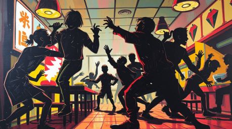Experience the chaos of a wild food fight in a cartoon cafeteria with this dynamic acrylic painting. Silhouetted figures are 