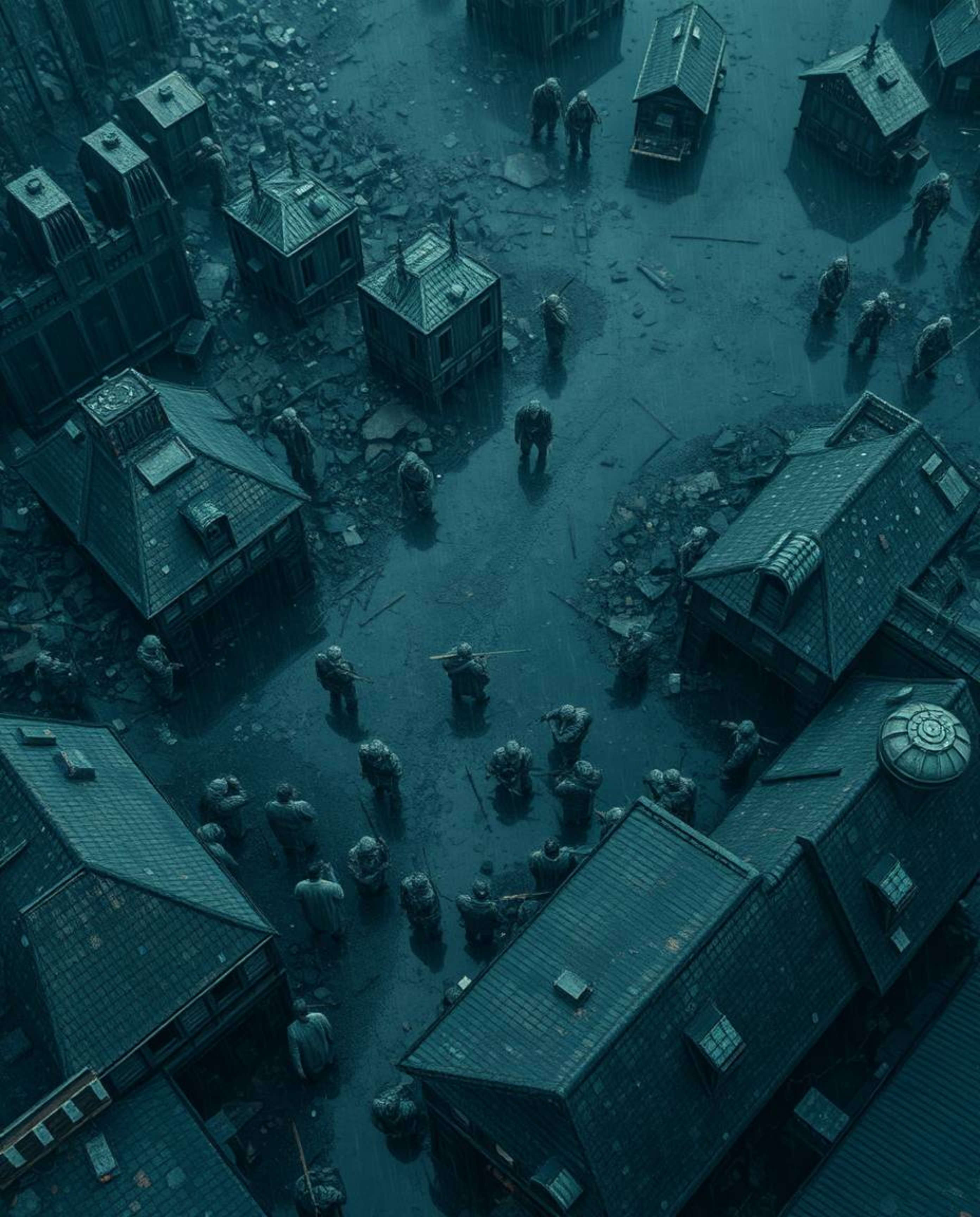 Experience a surreal scene of a wet and rainy battlefield, depicted from a bird's-eye view with time-warped soldiers and crum