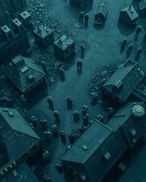 Experience a surreal scene of a wet and rainy battlefield, depicted from a bird's-eye view with time-warped soldiers and crum