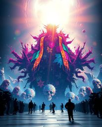 A grand, epic scene depicted in a modern futuristic style showcases a massive human silhouette constructed from vibrant and d