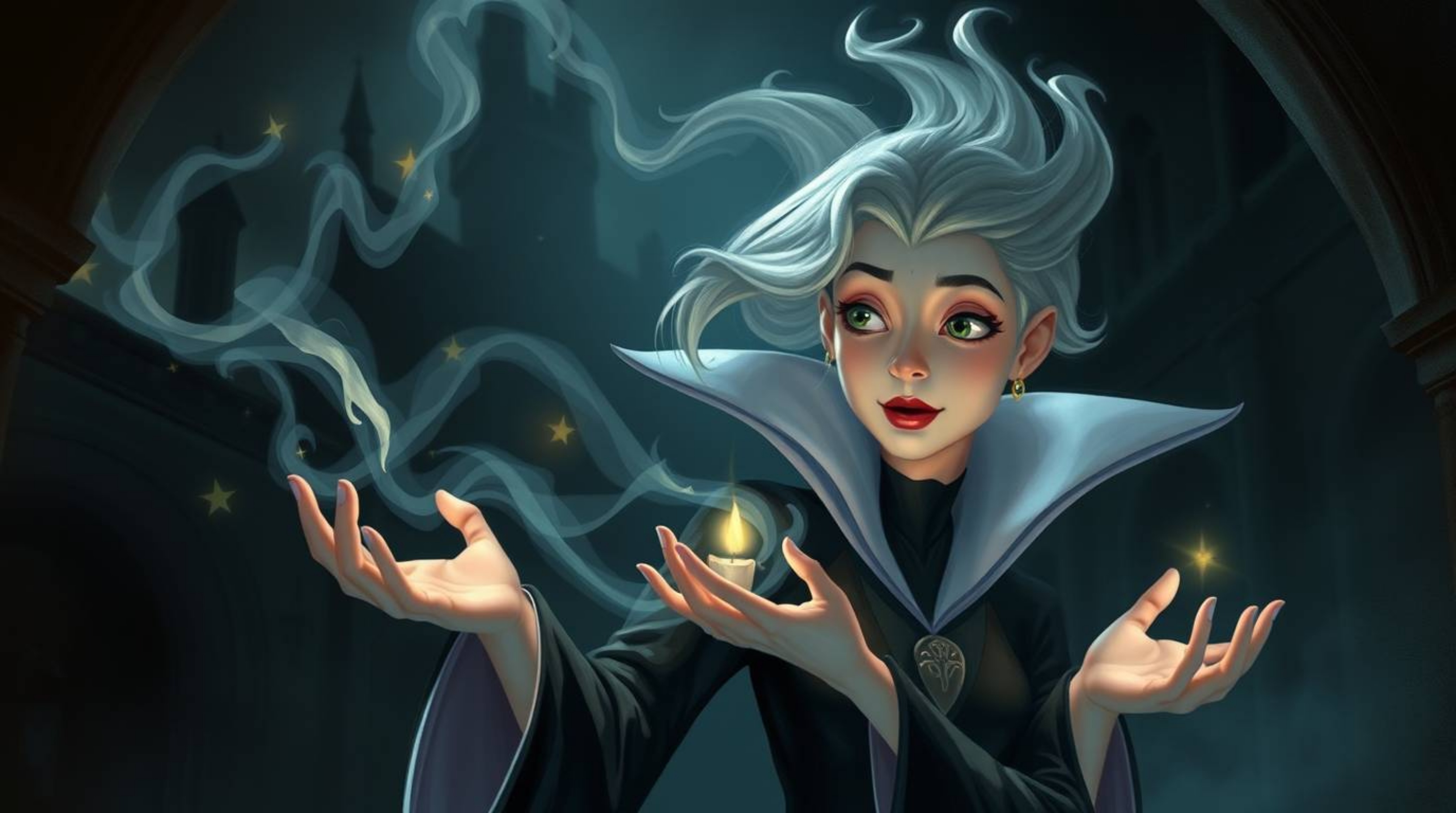 A classic Disney villain, characterized by delicate features and pale skin, is depicted casting a spell within the dimly lit