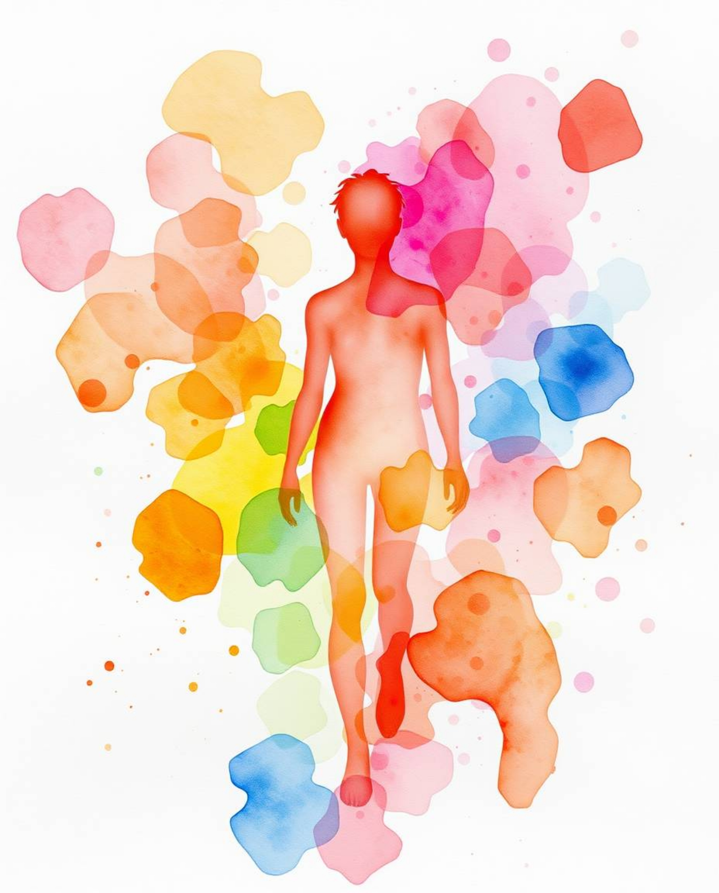 This artwork is a delicate watercolor painting showcasing a human silhouette ingeniously formed by vibrant and colorful splas