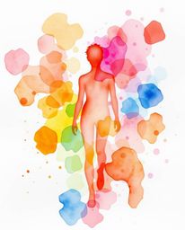 This artwork is a delicate watercolor painting showcasing a human silhouette ingeniously formed by vibrant and colorful splas