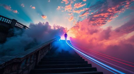 Capture the ethereal beauty of a lone figure ascending a stone staircase bathed in divine light with this vibrant long-exposu