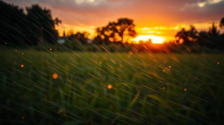 A captivating image of a dynamic sunset over a tranquil meadow, featuring the subtle magic of emerging fireflies amidst a gen