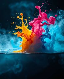 A captivating macro photograph showcasing vibrant ink splashes in water, illuminated with dramatic volumetric lighting.  The 