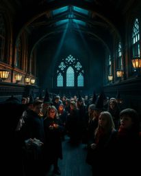 Capture the enchantment of a magical school brimming with young wizards in this cinematic style photograph. The image feature