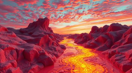 A stunning clay sculpture depicting a winding river bathed in the warm glow of a dramatic orange-pink sky. The artwork showca