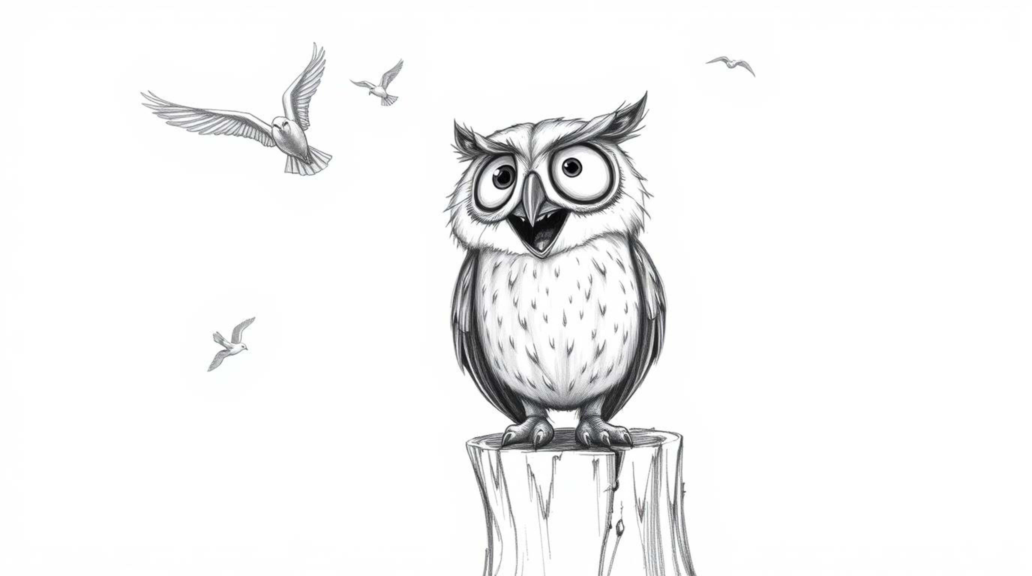 A heartwarming, hand-drawn sketch in Pixar style depicting a blind owl with large, expressive eyes perched joyfully on a tree
