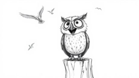 A heartwarming, hand-drawn sketch in Pixar style depicting a blind owl with large, expressive eyes perched joyfully on a tree