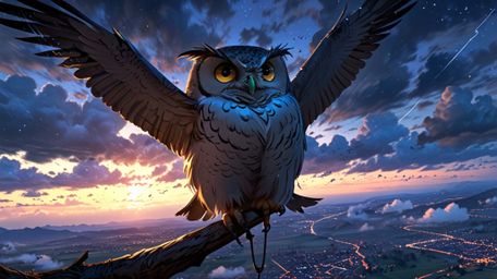 A tranquil and enchanting scene, beautifully rendered in a fusion of Pixar and anime styles. A wise blind owl is patiently te
