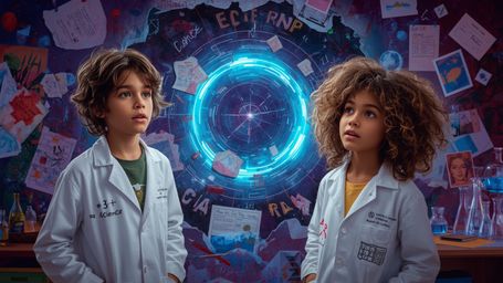 In a vibrant, cinematic photograph rendered in a stylized, Pixar-inspired aesthetic, two diverse, enthusiastic science fair s
