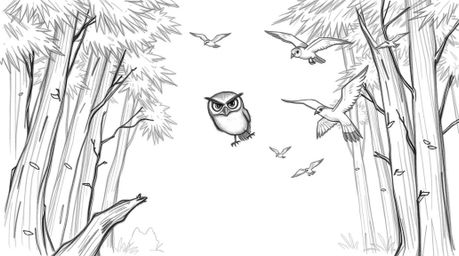 A captivating hand-drawn pencil sketch in the style of Pixar, depicting a blind owl with expressive features instructing bird