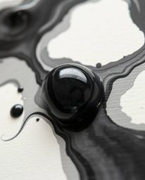 This image features a tight close-up of a delicate watercolor painting showcasing intense jet black 3D sculptural fluid mercu