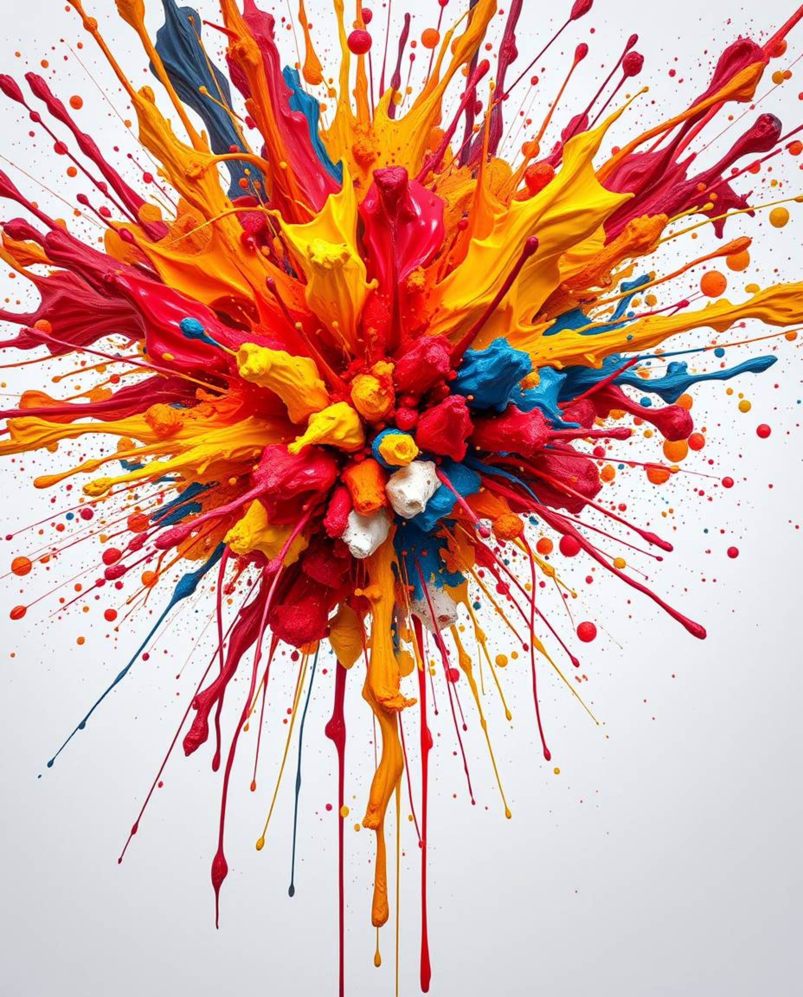 This is a precise architectural color photograph showcasing a vibrant explosion of colorful paint splashes against a clean wh