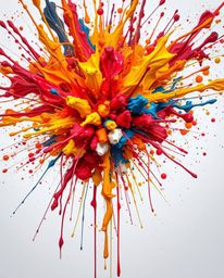This is a precise architectural color photograph showcasing a vibrant explosion of colorful paint splashes against a clean wh