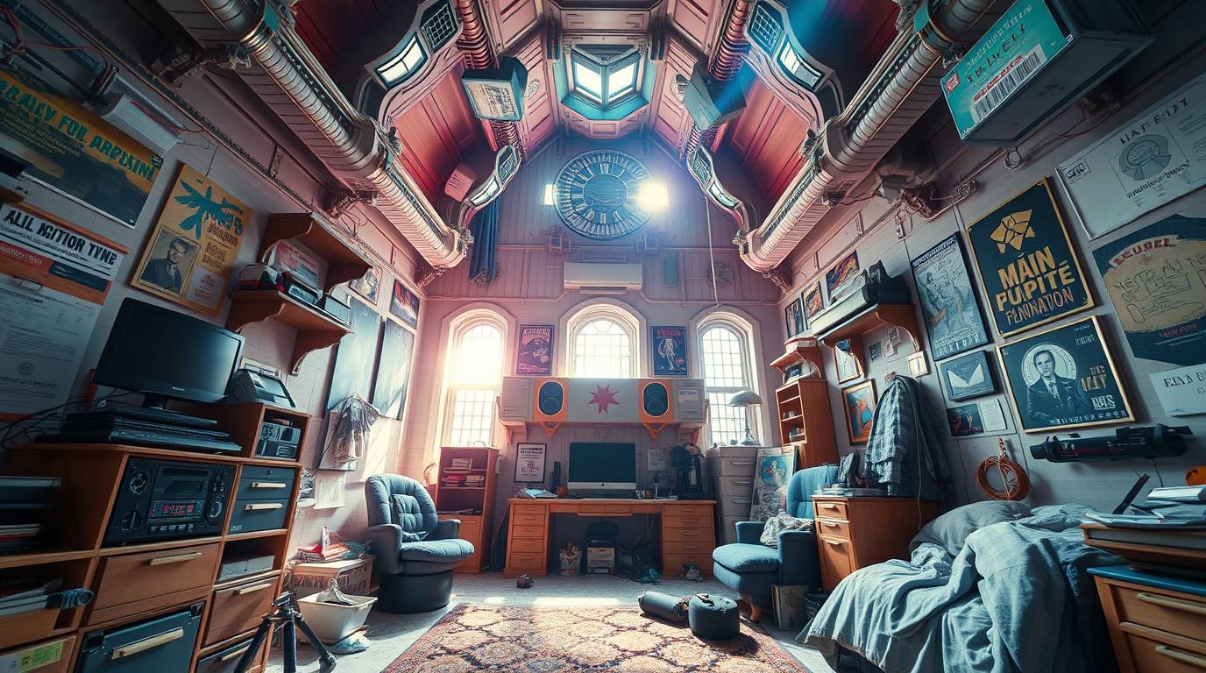 An epic, wide-angle architectural photograph showcases a messy bedroom filled with futuristic gadgets and vibrant posters. Re