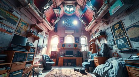 An epic, wide-angle architectural photograph showcases a messy bedroom filled with futuristic gadgets and vibrant posters. Re