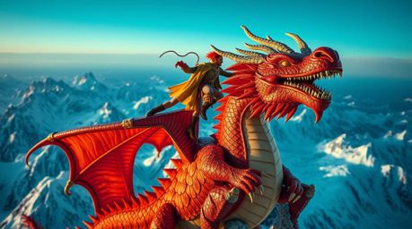 A stunning wide-angle, extreme macro photograph captures a dragon and its rider soaring above icy mountains.  Warm reds, oran