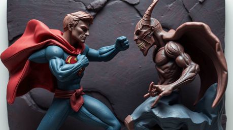 Discover stunning sculptural clay art featuring a rich burgundy and deep blue palette.  A detailed superhero, complete with c