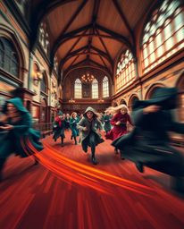 Capture the essence of a magical school with this high-resolution stock photo showcasing dynamic motion, a striking contrast