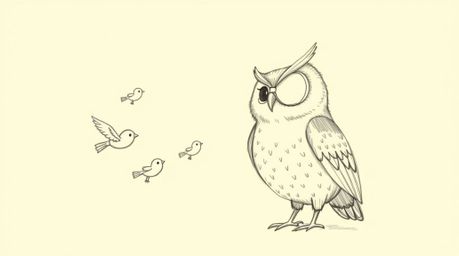 A charming hand-drawn sketch depicts a blind owl, rendered in the style of Pixar, patiently teaching small birds how to fly. 
