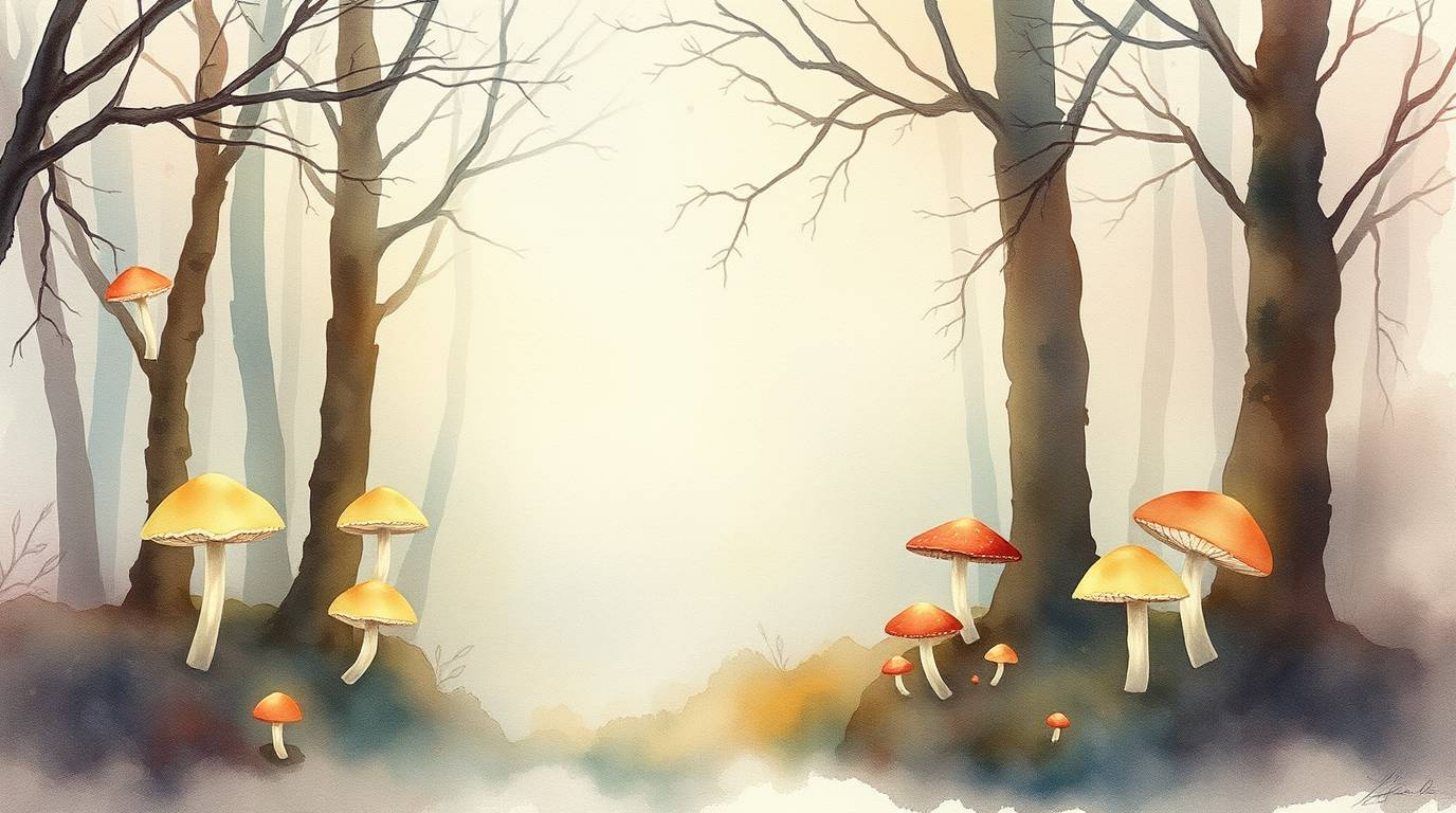 Discover a dreamy vintage enchanted forest captured in delicate watercolor. This enchanting artwork features glowing mushroom