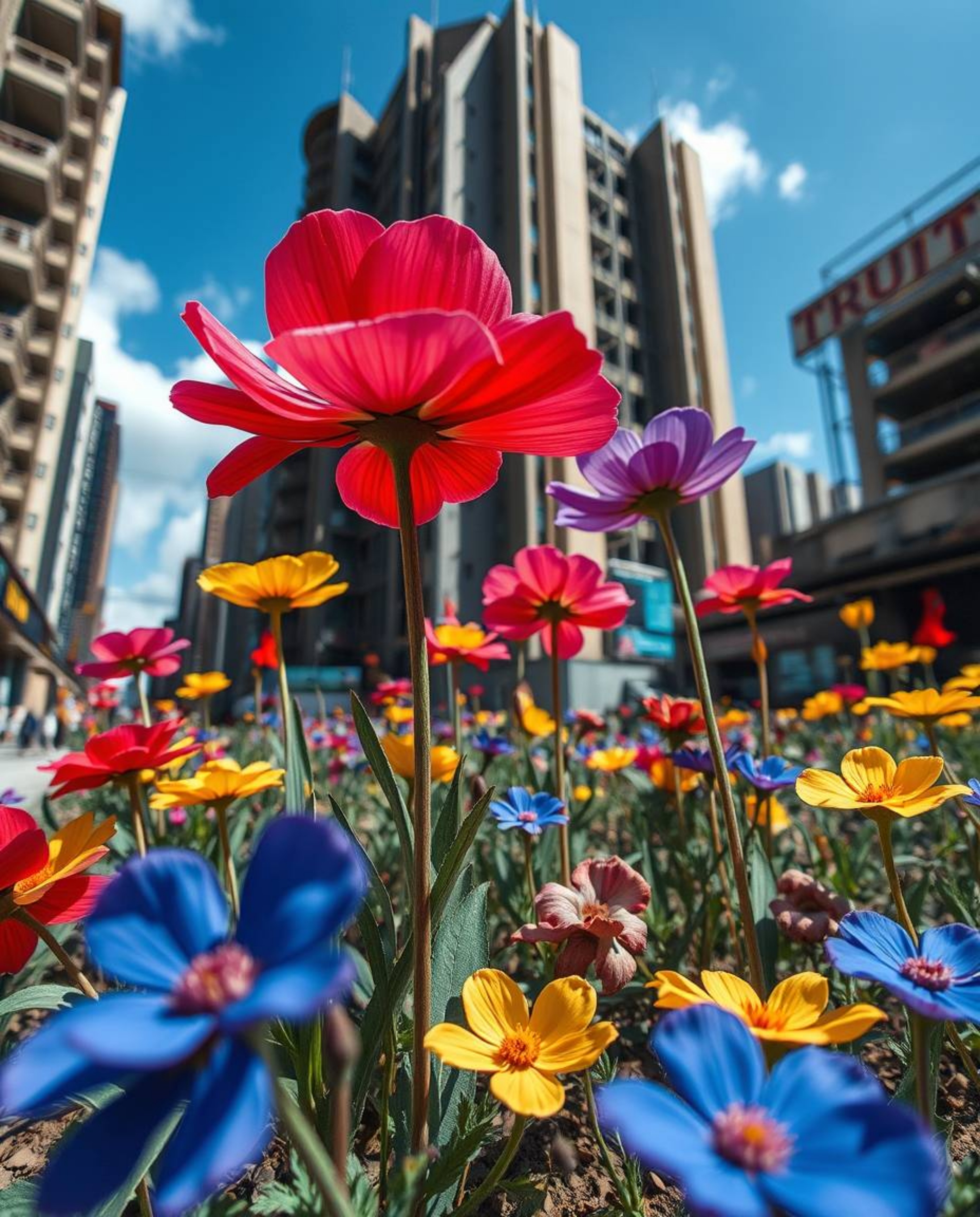 Experience the striking contrast of vibrant complimentary colors in a post-apocalyptic cityscape, where flowers defiantly blo