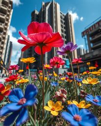 Experience the striking contrast of vibrant complimentary colors in a post-apocalyptic cityscape, where flowers defiantly blo
