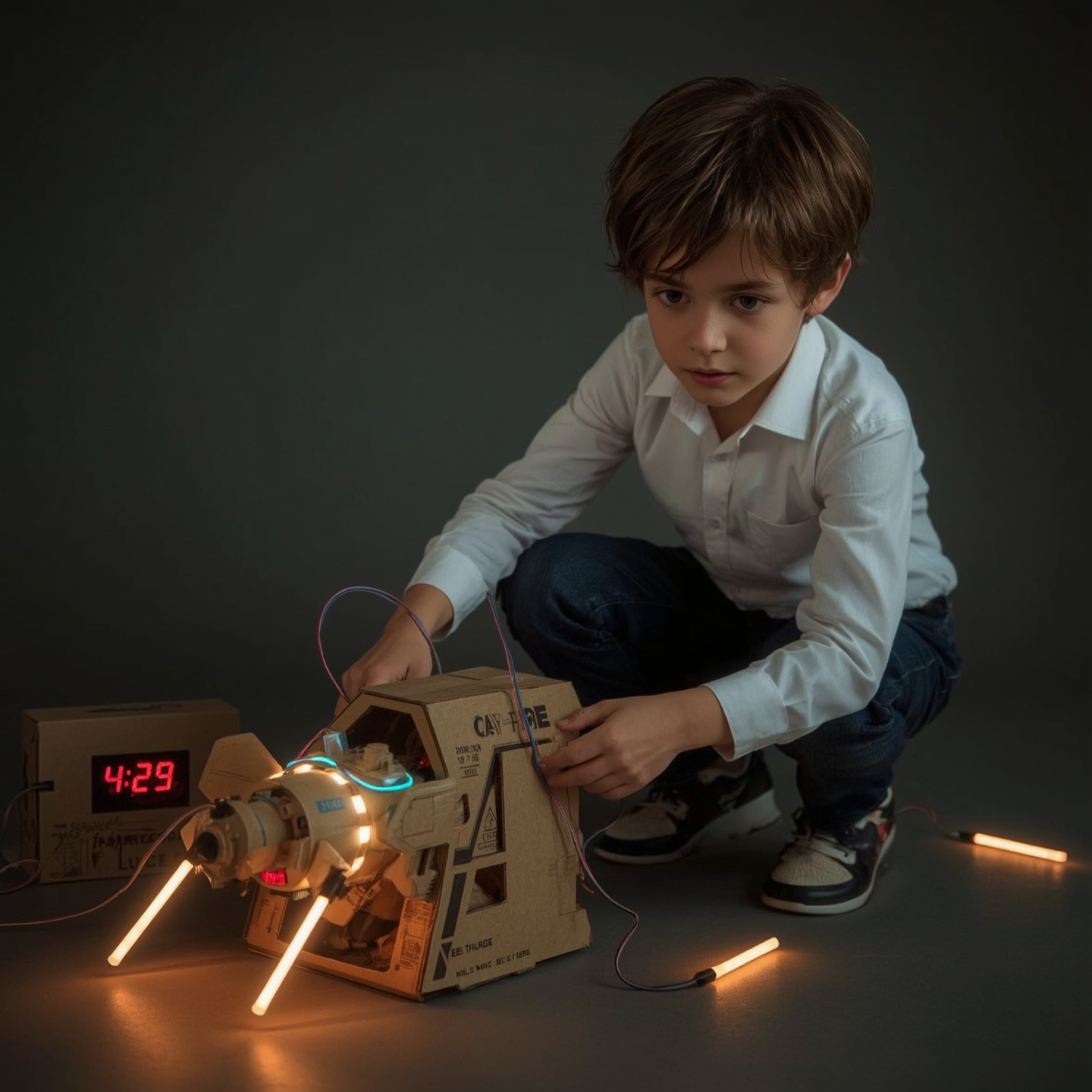 A captivating image in the style of Pixar depicts a young boy, dressed in stylish high fashion, building an intricately desig