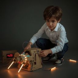 A captivating image in the style of Pixar depicts a young boy, dressed in stylish high fashion, building an intricately desig