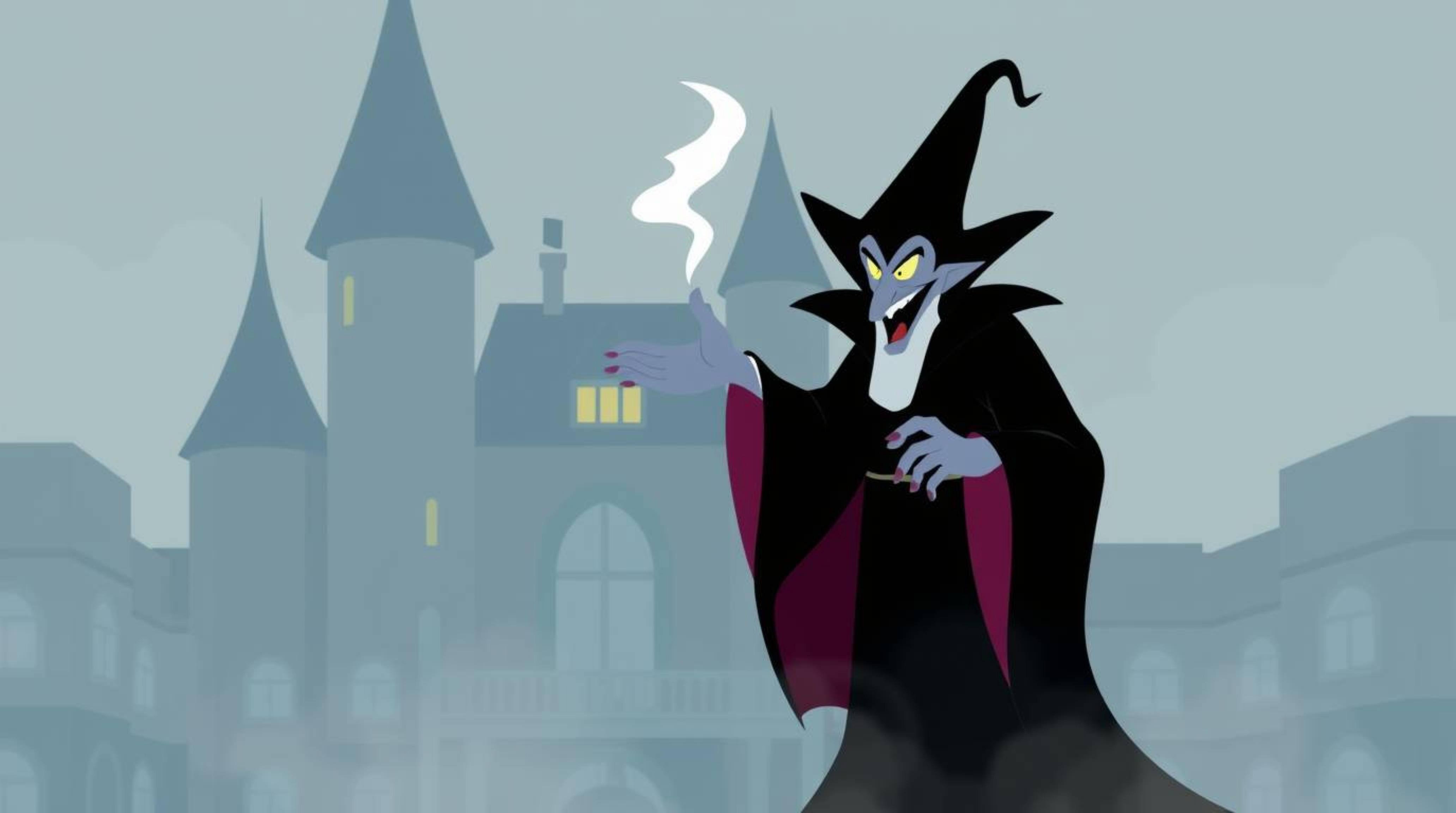 A classic Disney villain is depicted casting a spell within a simplified, aged castle. The scene is rendered in a soft, dream
