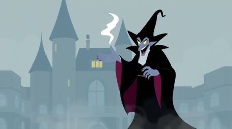 A classic Disney villain is depicted casting a spell within a simplified, aged castle. The scene is rendered in a soft, dream