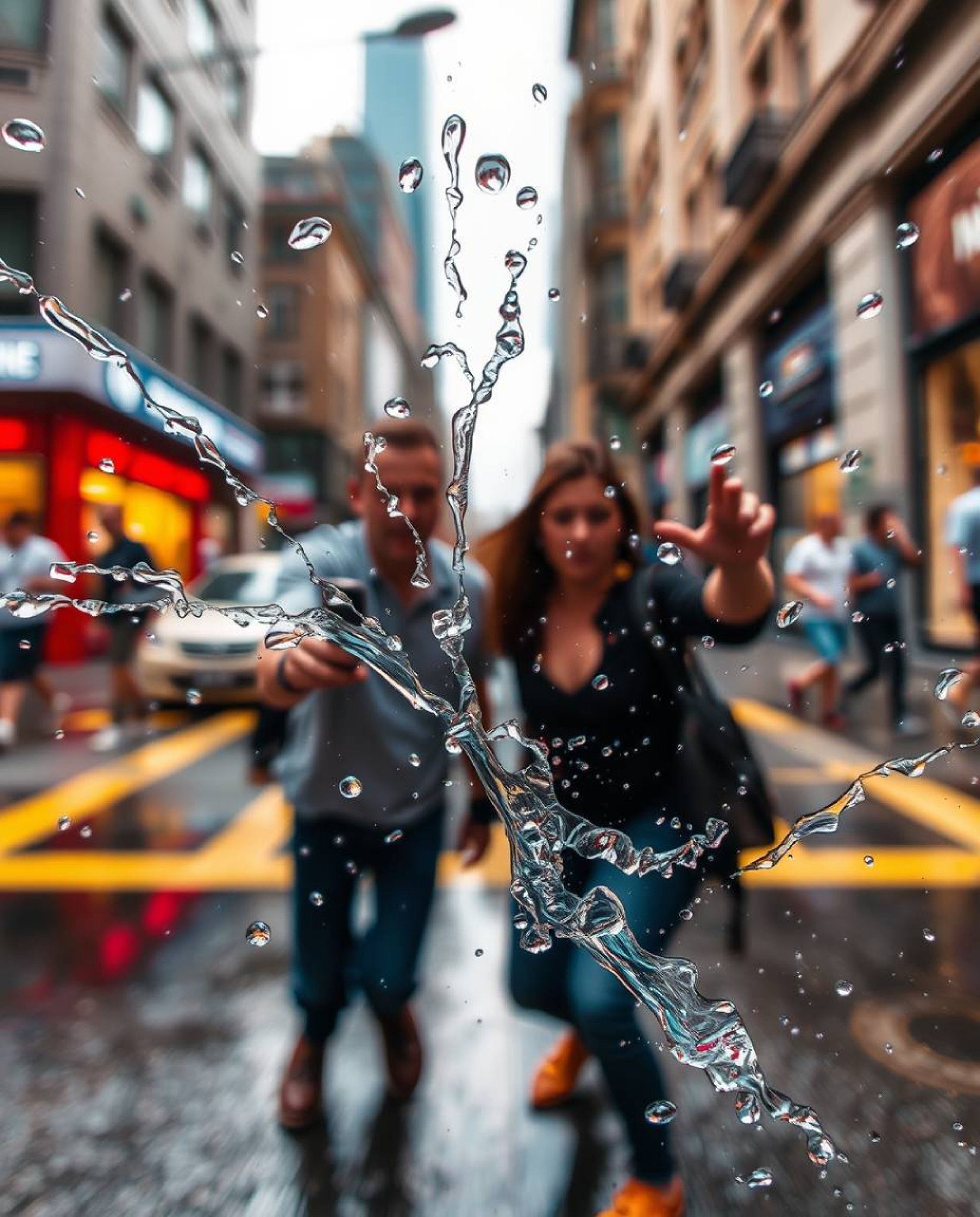 A captivating street photograph showcases dynamic ink splashes in water, captured using a macro photography style.  The image