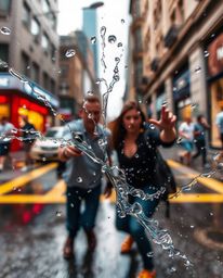 A captivating street photograph showcases dynamic ink splashes in water, captured using a macro photography style.  The image
