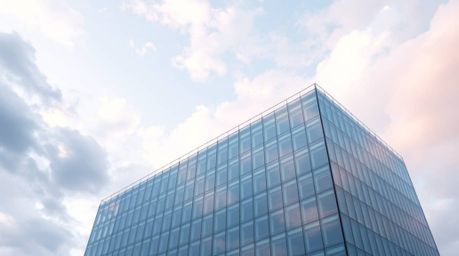 A modern glass building seamlessly dissolving into the sky, where soft clouds blend effortlessly into its structure, embodies