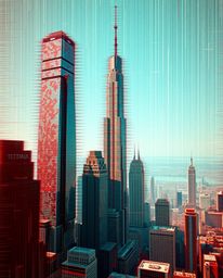 A captivating digital artwork showcasing a glitchy landscape with distorted skyscrapers and static noise.  The piece features