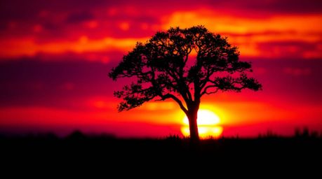 A captivating image of a lone tree silhouetted against a vibrant, fiery sunset.  The photo features a blurred bokeh effect, d
