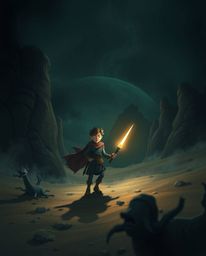 Embark on a thrilling desert adventure with a brave hero in a Disney-esque style, but be warned, the atmosphere is eerie and