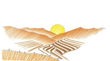 A captivating hand-drawn sketch depicting a breathtaking sunset over mountainous rice terraces.  Rendered in natural earth to