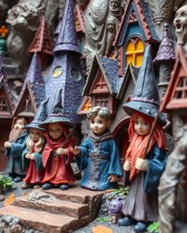 Explore a whimsical and vibrant magical school crafted from layered papier-mâché, bursting with electric and vivid colors.  T