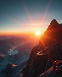 This is a close-up shot of a sunset viewed from a high alpine peak, reimagined in a futuristic sci-fi style. With a detailed 