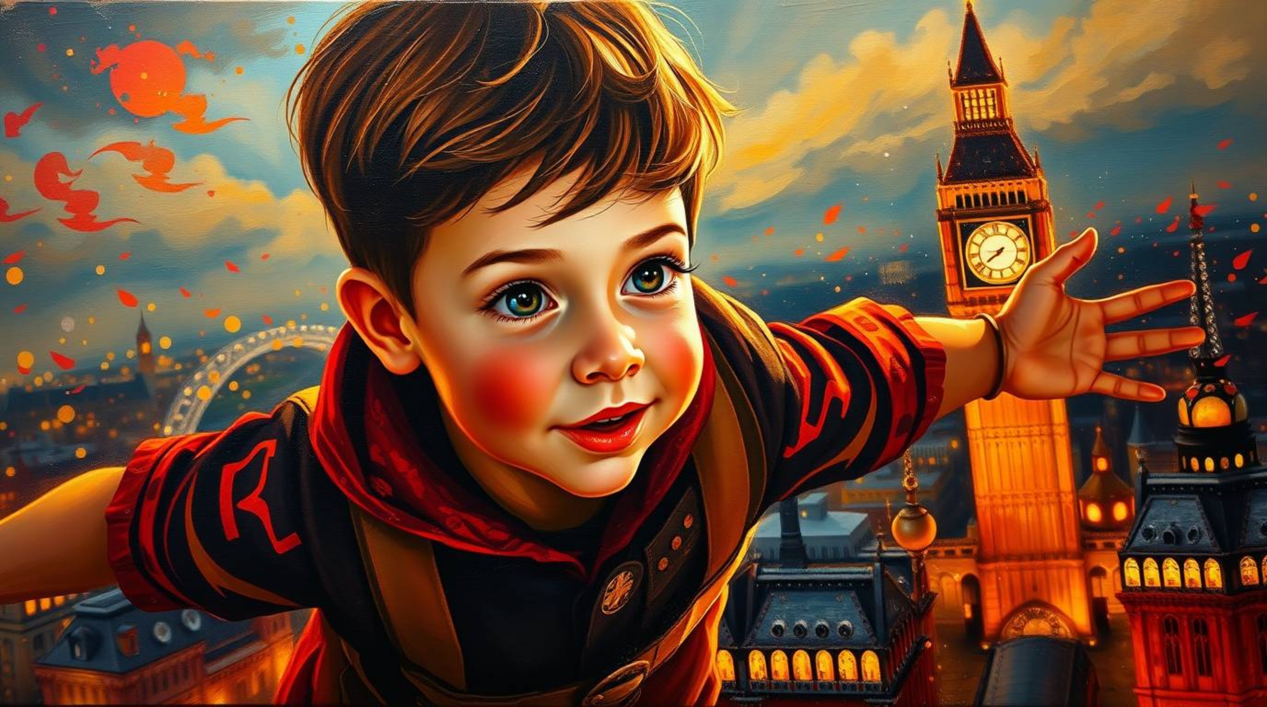 A captivating acrylic painting depicts a young boy with rosy cheeks, soaring above the London skyline with a sprinkle of pixi