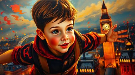 A captivating acrylic painting depicts a young boy with rosy cheeks, soaring above the London skyline with a sprinkle of pixi