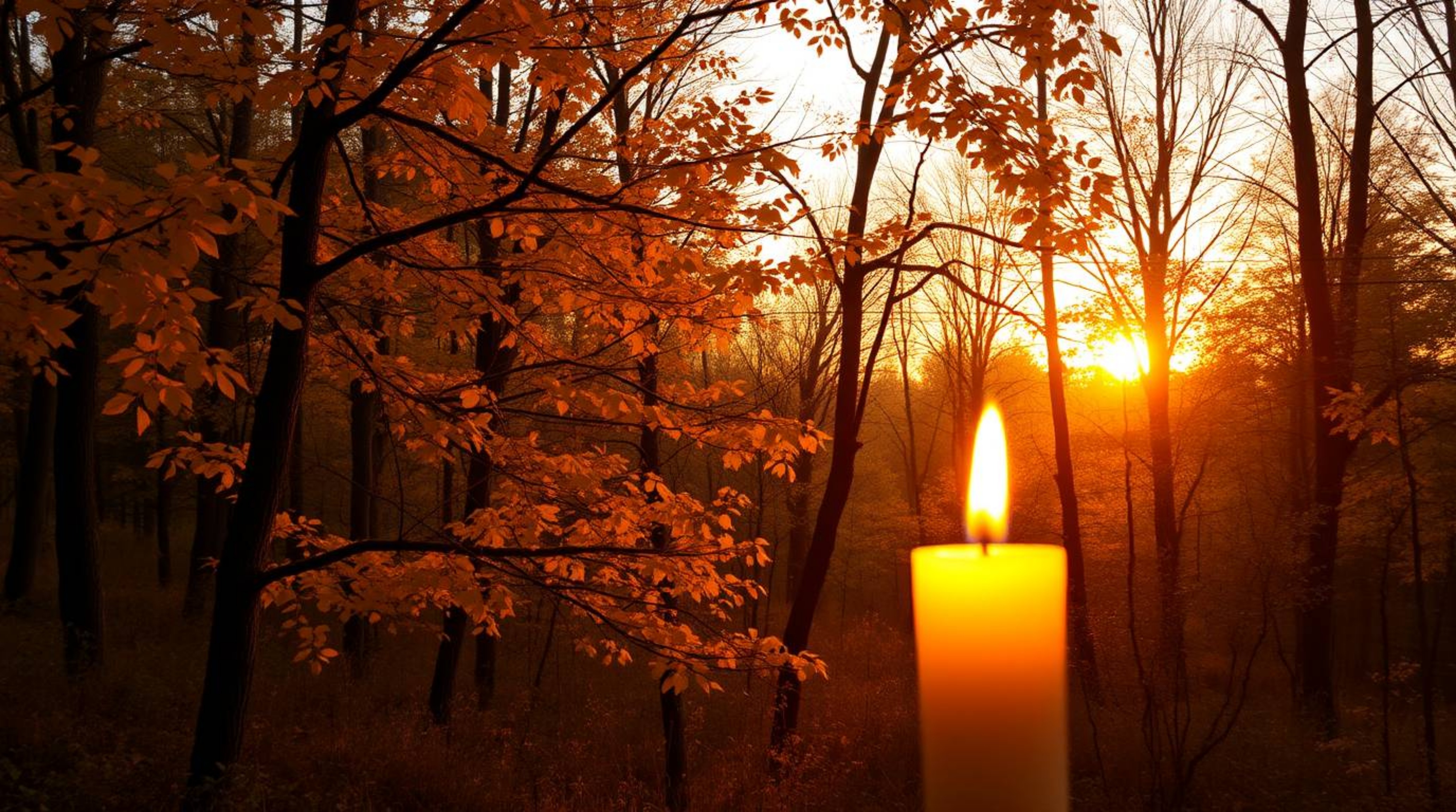 Immerse yourself in the serene beauty of an autumn forest bathed in the warm glow of candlelight and the golden light of a se
