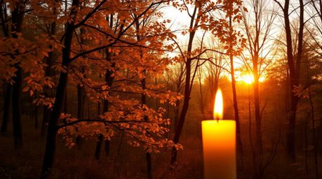 Immerse yourself in the serene beauty of an autumn forest bathed in the warm glow of candlelight and the golden light of a se