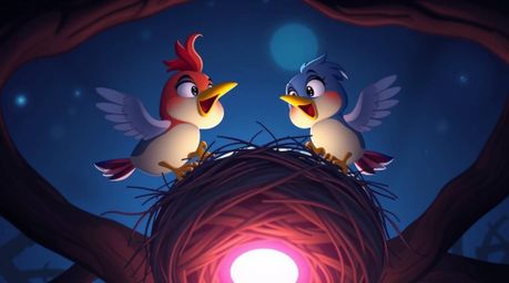 Experience the charm of classic animation with two cartoon birds diligently building their nest. Bathed in dramatic lighting